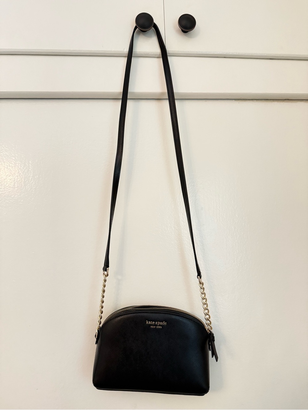 kate spade black saffiano crossbody with gold chain